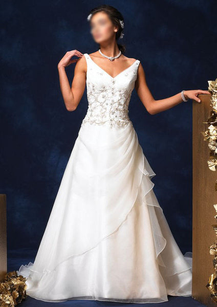 ELEGANT V-NECK CHIFFON BRIDAL GOWN WITH DETAILED BODICE & FLOWING TRAIN (HS013)