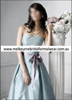 ELEGANT SATIN ICE BLUE BRIDESMAID DRESS WITH CORSET BODICE & SASH (LR026)