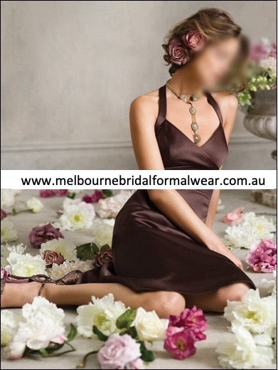 ELEGANT DARK CHOCOLATE SATIN HALTER BRIDESMAID FORMAL DRESS (LR039)