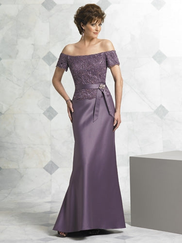 ELEGANT MOTHERS EVENING PARTY DRESS PURPLE OFF SHOULDER WITH BROUCHE (MB007)