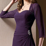 ELEGANT MOTHERS PURPLE SILK CHIFFON DRESS WITH SLEEVES & BROUCHE (MB009)