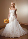 ELEGANT CHIFFON AND GOLD LACE A-LINE BRIDAL GOWN WITH LACE UP BACK (MR015)