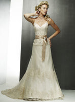 ELEGANT CHIFFON AND GOLD LACE BRIDAL GOWN WITH LACE UP BACK & SASH (MS042)