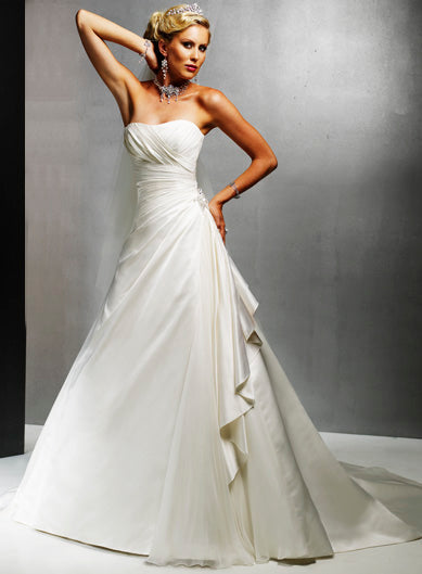 ELEGANT SATIN & SILK CHIFFON BRIDAL GOWN WITH GATHERED DETAIL & LACE UP BACK (MS051)