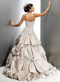 ELEGANT CHAMPAGNE TAFFETA BALLROOM BRIDAL GOWN WITH LACE & PEARL DETAIL AND LACE UP BACK (MS069)