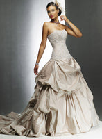 ELEGANT CHAMPAGNE TAFFETA BALLROOM BRIDAL GOWN WITH LACE & PEARL DETAIL AND LACE UP BACK (MS069)