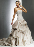 ELEGANT CHAMPAGNE TAFFETA BALLROOM BRIDAL GOWN WITH LACE & PEARL DETAIL AND LACE UP BACK (MS069)