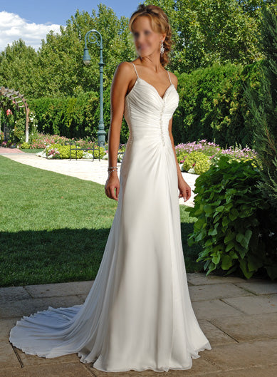 ELEGANT SILK CHIFFON FLOWING SLIM BRIDAL GOWN WITH LACE UP BACK (MS079)