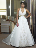 ELEGANT IVORY HALTER-NECK  BRIDAL GOWN WITH LACE AND BEADS & LACE UP BACK (MS237)