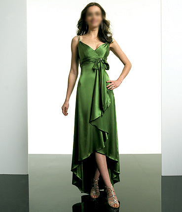 ELEGANT SILK  GREEN FLOWING COCKTAIL PARTY DRESS WITH EMPIRE LINE BOW (PM034)