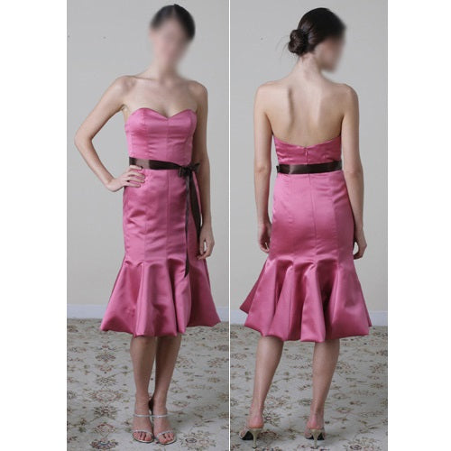 ELEGANT MERMAID HOT PINK SATIN COCKTAIL PARTY DRESS WITH BROWN SASH (WL010)