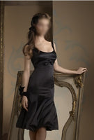 ELEGANT MERMAID BLACK SATIN COCKTAIL PARTY DRESS WITH EMPIRE LINE AND PLEATED SKIRT (WL014)